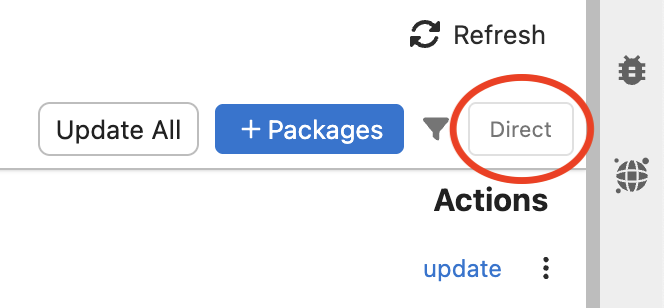 Screenshot of the package toolbar with the Direct/Batch toggle button circled in red
