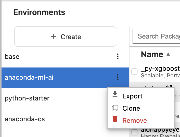 Screenshot of the environment list panel showing multiple environments