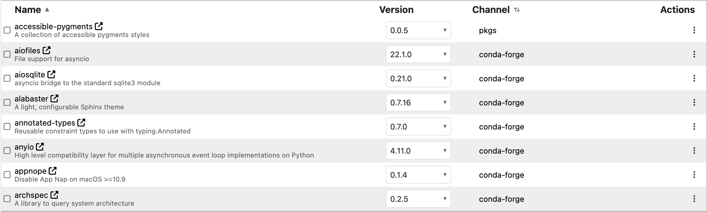 Screenshot of the package list showing installed packages with version selectors