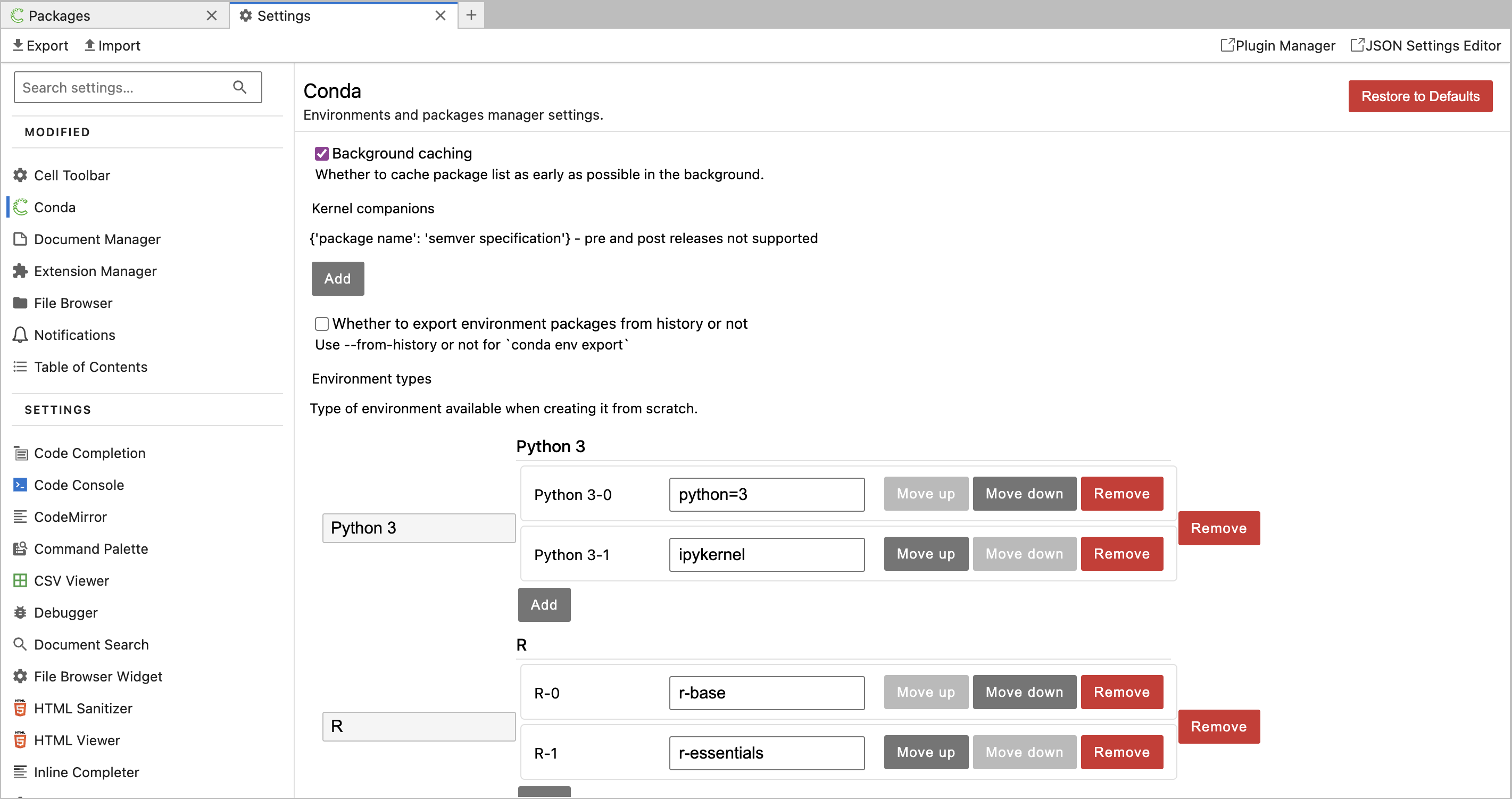 Screenshot showing the Conda extension settings panel