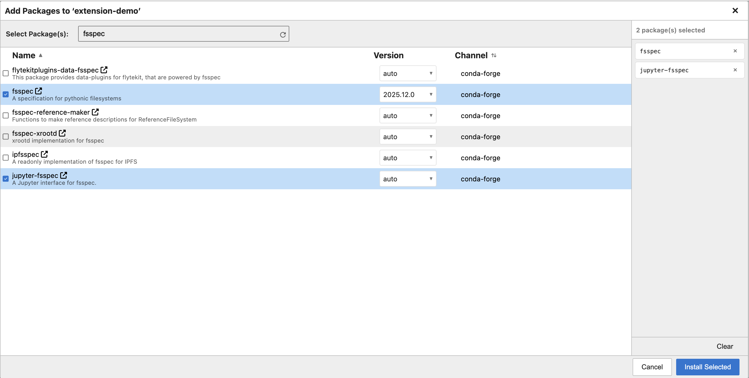 Screenshot of the Add Packages drawer with selected packages in the side panel