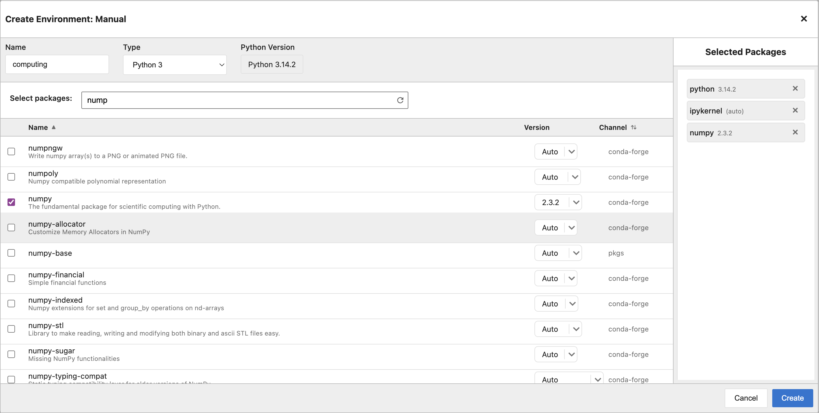 Screenshot of the Create Environment drawer showing the package selection interface
