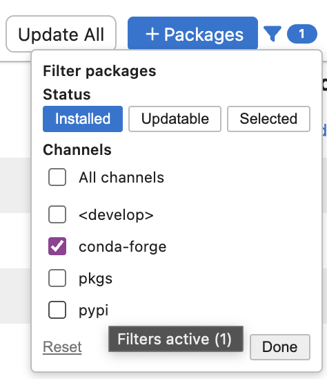 Screenshot of the filter popover showing status and channel options