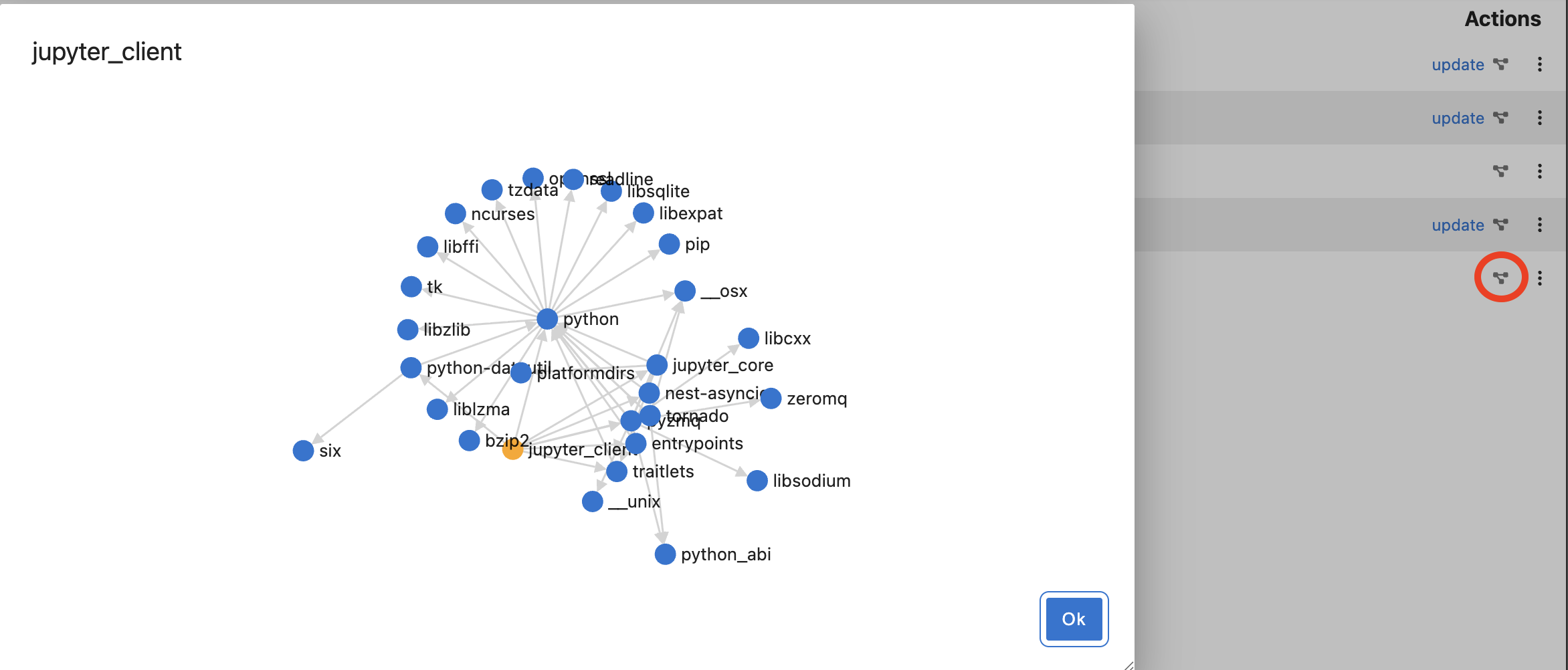 Screenshot of a package dependencies graph dialog